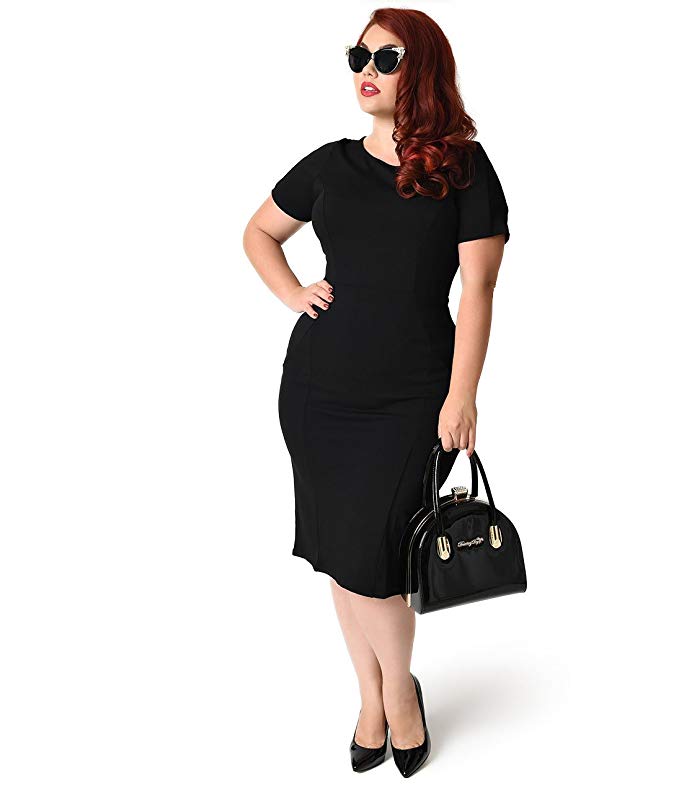 Unique Vintage Plus Size 1960s Style Black Short Sleeve Stretch Mod Wiggle Dress