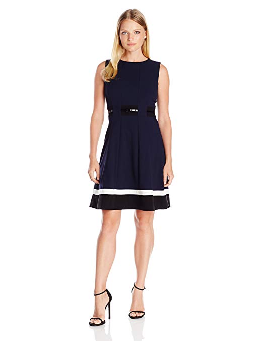 Calvin Klein Women's Petite Fit-and-Flare Color-Block Dress with Belted Waist