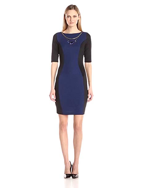 Sangria Women's Elbow Sleeve Textured Sheath Dress with Necklace