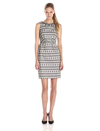 Adrianna Papell Women's Sleeveless Printed Sheath Dress with Embellished Neck