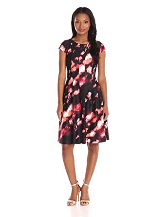Calvin Klein Women's Cap Sleeve White Ground Floral Print Fit and Flare Dress,