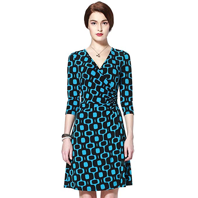 Sarah Dean Womens' Blue Black Print Long Sleeve V Neck Dress
