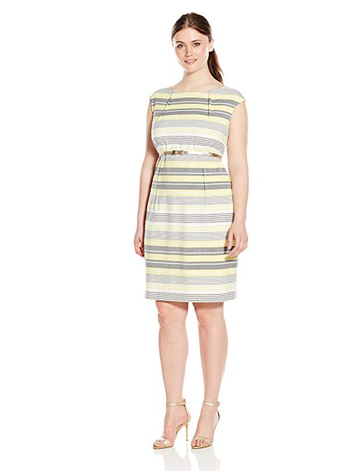 Calvin Klein Women's Plus-Size Belted Striped Sheath Dress