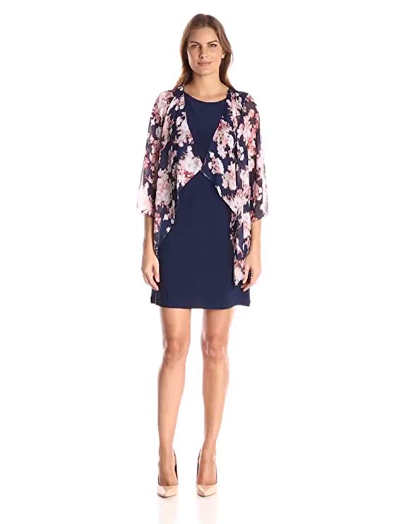 Tiana B Women's Abstract Floral-Print Mock Jacket with Solid Knit Sleeveless Dress