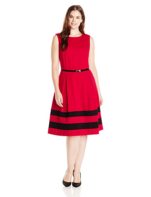 Calvin Klein Women's Plus-Size Sleeveless Fit-and-Flare Dress with Striped Hem
