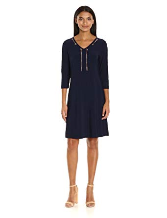 Nine West Women's Jersey 3/4 Slv V-Neck Dress With Grommet and Chain Detail
