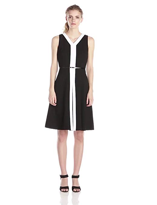 Calvin Klein Women's Sleeveless Color Block Belted Fit and Flare Dress