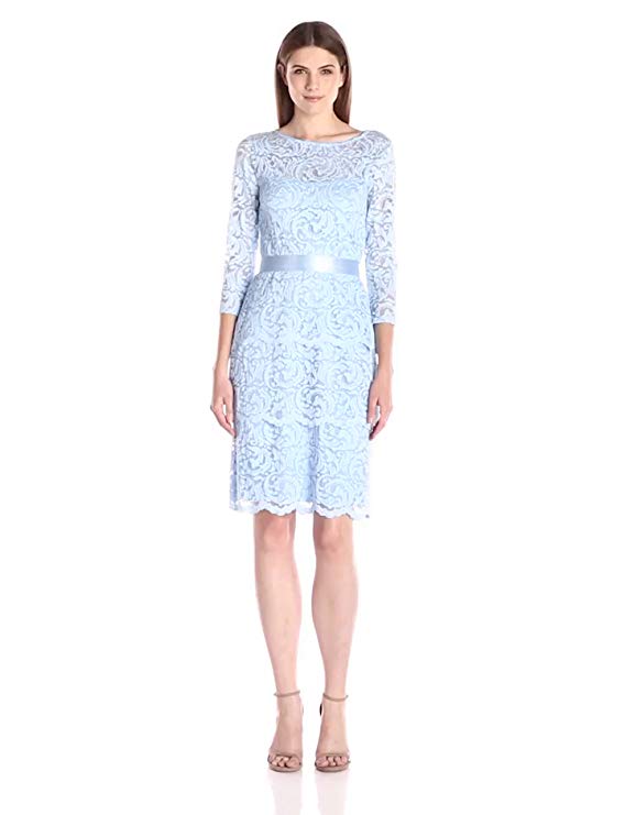 Marina Women's Three-Quarter-Sleeve Stretch Floral-Lace Dress with Tiered Skirt