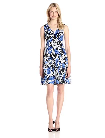 Nine West Women's V Neck Printed Fit and Flare Dress