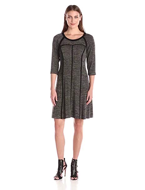 Connected Apparel Women's 3/4 Sleeve Piped Printed Fit and Flare Sweater Dress