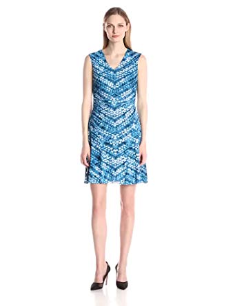 Nine West Women's Printed Mesh Extended Cap V-Neck Fit and Flare Dress