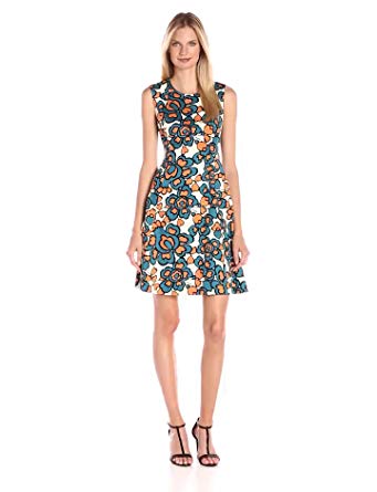 Nine West Women's Slvless Fit and Flare Dress with Bodice Insert Detail