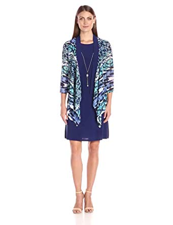 Tiana B Women's Graphic Chiffon Jacket with Solid Knit Dress and Beaded Necklace